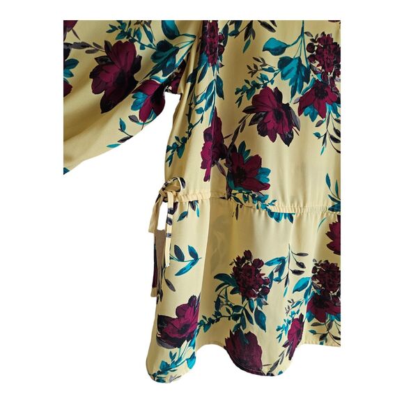 EVRI Women's 1X Blouse V-Neck Drawstring Waist Yellow Floral 3/4 Sleeve 50" - Picture 5 of 7